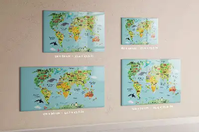 Beschrijfbaar glazen magneetbord met design van een wereldkaart met dieren