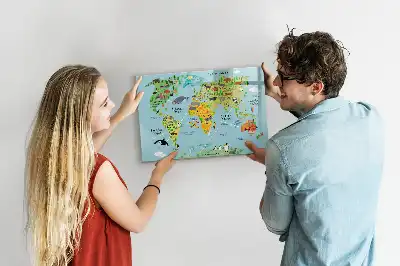 Beschrijfbaar glazen magneetbord met design van een wereldkaart met dieren