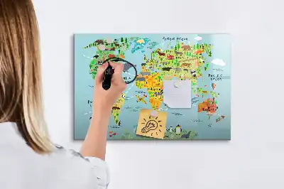 Beschrijfbaar glazen magneetbord met design van een wereldkaart met dieren