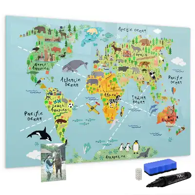 Beschrijfbaar glazen magneetbord met design van een wereldkaart met dieren