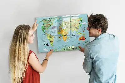 Beschrijfbaar glazen magneetbord met design van een wereldkaart met dieren