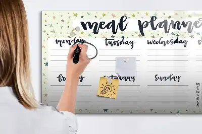 Magnetisch glazen memobord ontwerp met sterren voor het weekmenu