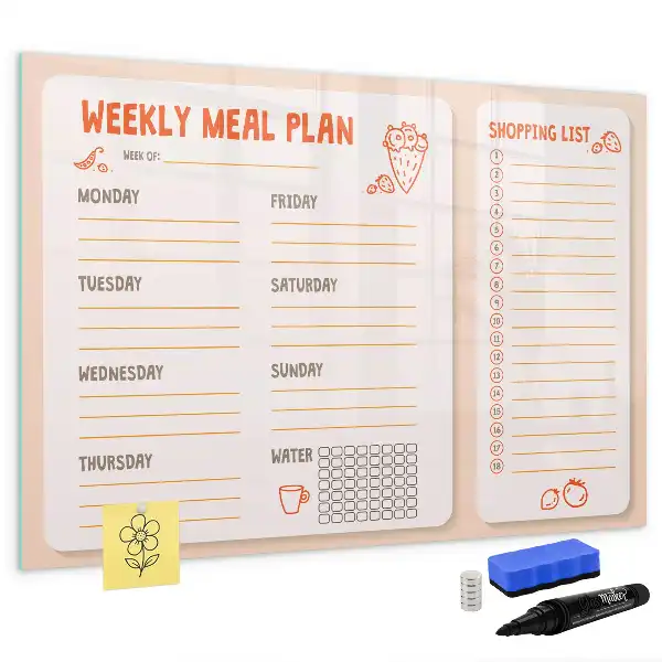 Magnetisch glazen schrijfbord met retro maaltijdplanner voor notities en foto's