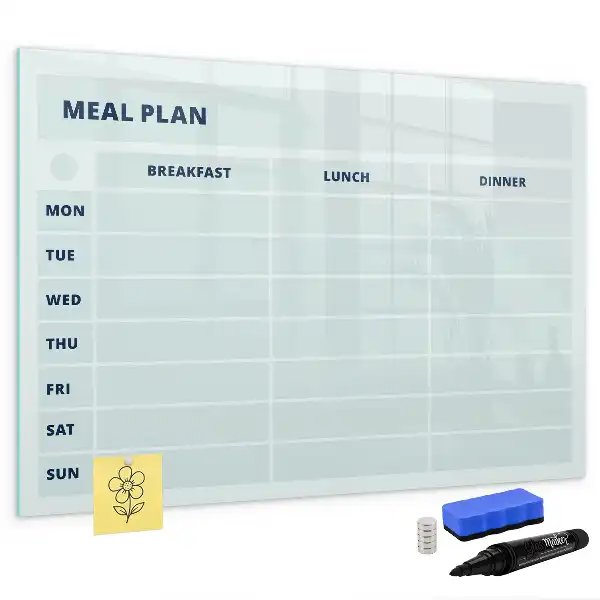 Beschrijfbaar glazen magneetbord met pastelkleurig maaltijdplan design