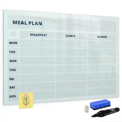 Beschrijfbaar glazen magneetbord met pastelkleurig maaltijdplan design