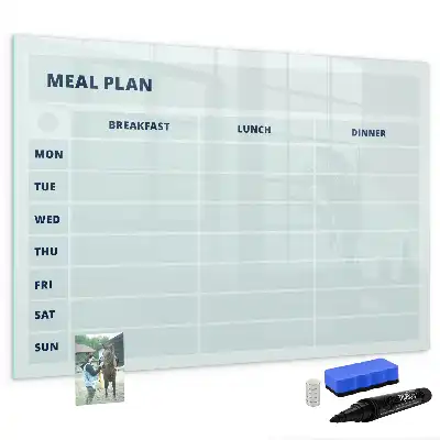 Beschrijfbaar glazen magneetbord met pastelkleurig maaltijdplan design