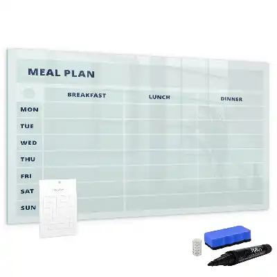 Beschrijfbaar glazen magneetbord met pastelkleurig maaltijdplan design