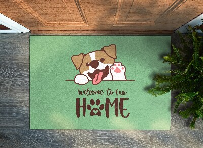 Deurmat binnen Welcome to our home Hond op groene achtergrond