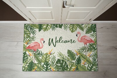 Inloopmat Welcome flamingo's en bladeren