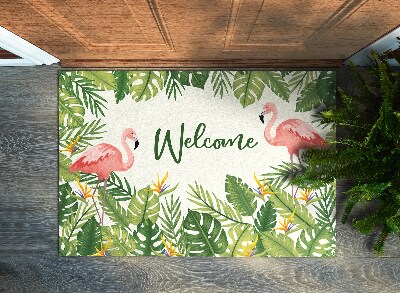 Inloopmat Welcome flamingo's en bladeren