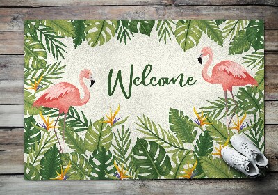 Inloopmat Welcome flamingo's en bladeren