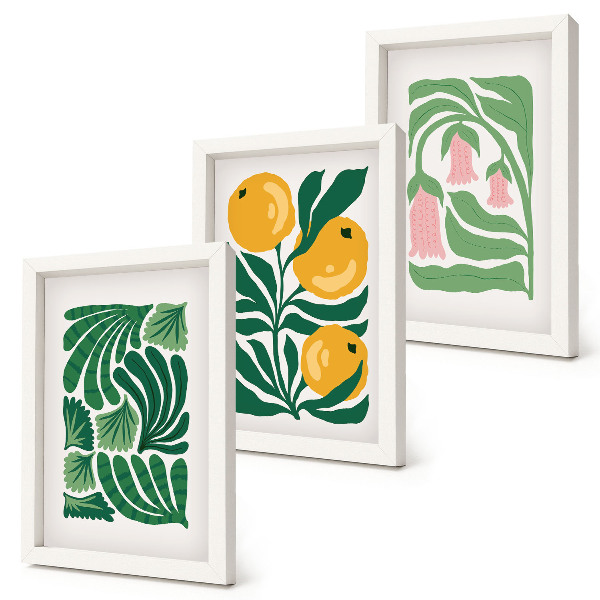 Set van ingelijste schilderijen Minimalistische plantmotieven met vruchten en bladeren.