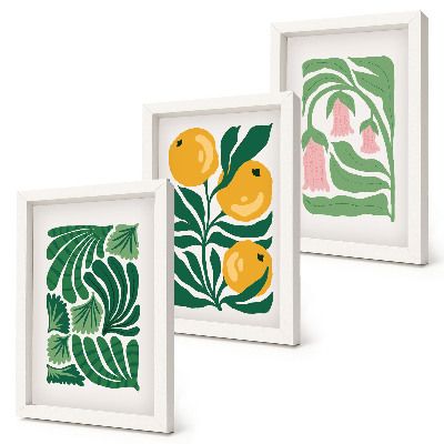 Set van ingelijste schilderijen Minimalistische plantmotieven met vruchten en bladeren.