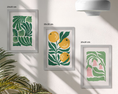 Set van ingelijste schilderijen Minimalistische plantmotieven met vruchten en bladeren.