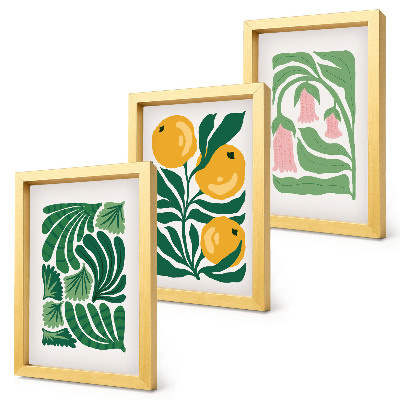Set van ingelijste schilderijen Minimalistische plantmotieven met vruchten en bladeren.