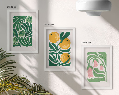 Set van ingelijste schilderijen Minimalistische plantmotieven met vruchten en bladeren.