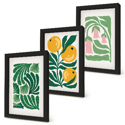 Set van ingelijste schilderijen Minimalistische plantmotieven met vruchten en bladeren.