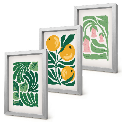 Set van ingelijste schilderijen Minimalistische plantmotieven met vruchten en bladeren.