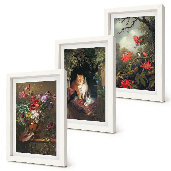 Set van ingelijste schilderijen met vintage afbeeldingen van bloemen, katten en natuur