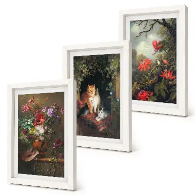 Set van ingelijste schilderijen met vintage afbeeldingen van bloemen, katten en natuur
