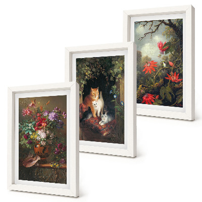 Set van ingelijste schilderijen Vintage bloemen, katten en planten in de natuur