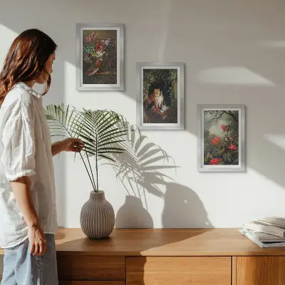 Set van ingelijste schilderijen met vintage afbeeldingen van bloemen, katten en natuur