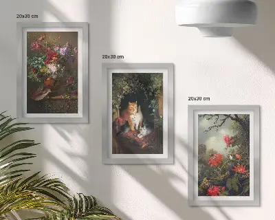 Set van ingelijste schilderijen met vintage afbeeldingen van bloemen, katten en natuur