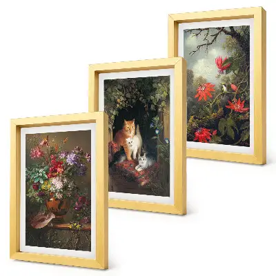 Set van ingelijste schilderijen met vintage afbeeldingen van bloemen, katten en natuur