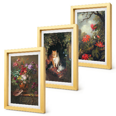 Set van ingelijste schilderijen Vintage bloemen, katten en planten in de natuur