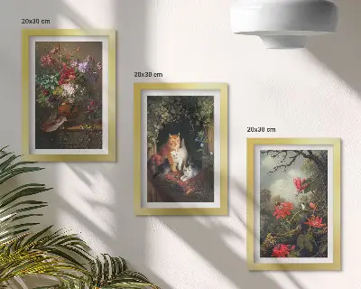 Set van ingelijste schilderijen met vintage afbeeldingen van bloemen, katten en natuur