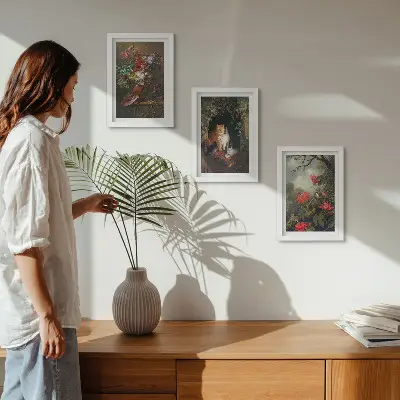 Set van ingelijste schilderijen met vintage afbeeldingen van bloemen, katten en natuur