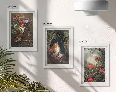 Set van ingelijste schilderijen met vintage afbeeldingen van bloemen, katten en natuur