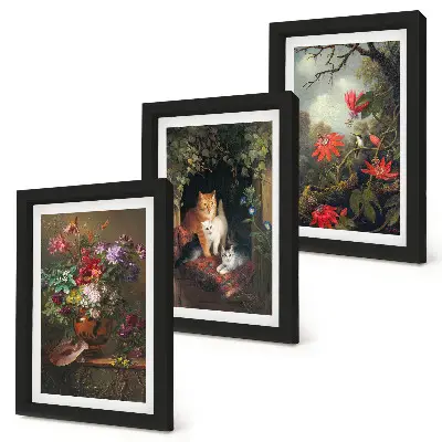 Set van ingelijste schilderijen met vintage afbeeldingen van bloemen, katten en natuur