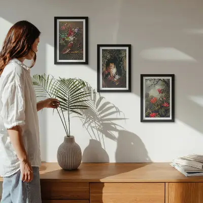 Set van ingelijste schilderijen met vintage afbeeldingen van bloemen, katten en natuur