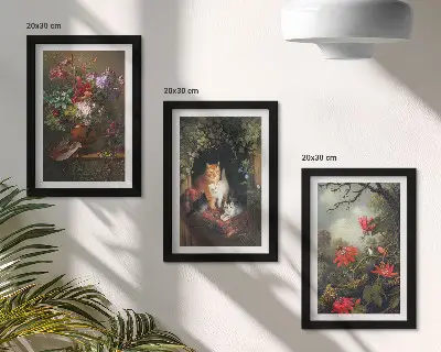 Set van ingelijste schilderijen met vintage afbeeldingen van bloemen, katten en natuur