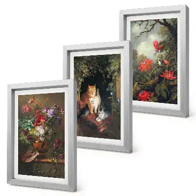 Set van ingelijste schilderijen met vintage afbeeldingen van bloemen, katten en natuur