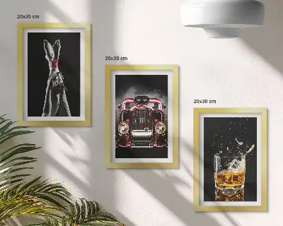 Set ingelijste schilderijen vrouwenbenen met een roos, een oude auto en een glas whisky