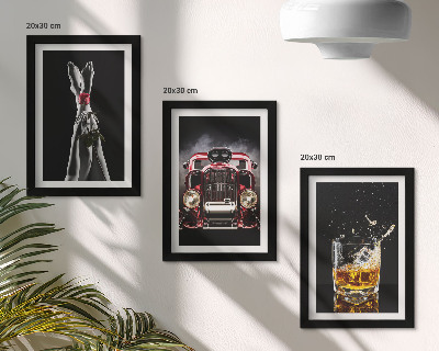 Set van ingelijste schilderijen Vrouwenbenen met een roos, een oude auto, een glas whisky