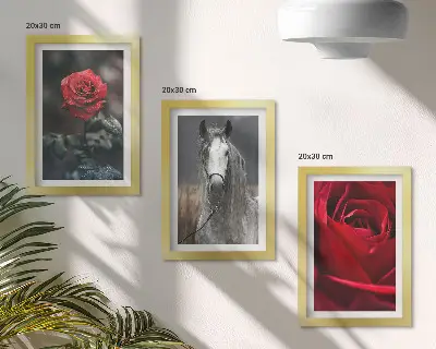 Gallery wall met rode rozen en een paard in een grijze omgeving