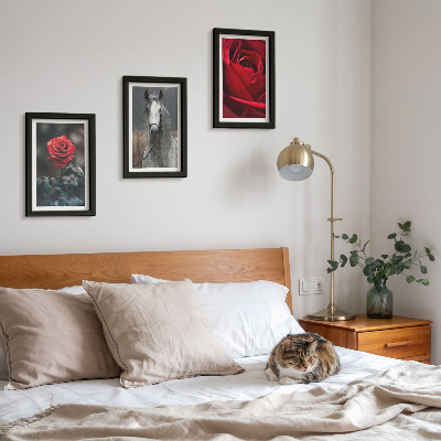 Gallery wall Rode rozen en een paard in een grijze omgeving.
