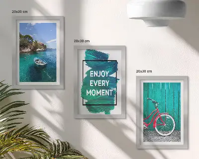Set ingelijste schilderijen zeezicht met boot, fiets en inspirerende tekst