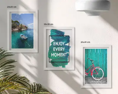 Set ingelijste schilderijen zeezicht met boot, fiets en inspirerende tekst
