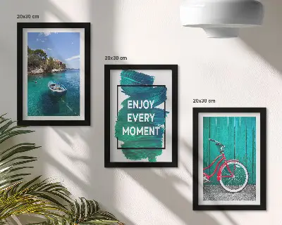 Set ingelijste schilderijen zeezicht met boot, fiets en inspirerende tekst