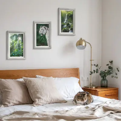 Set van ingelijste schilderijen met een jungle met een witte tijger en een wilde waterval
