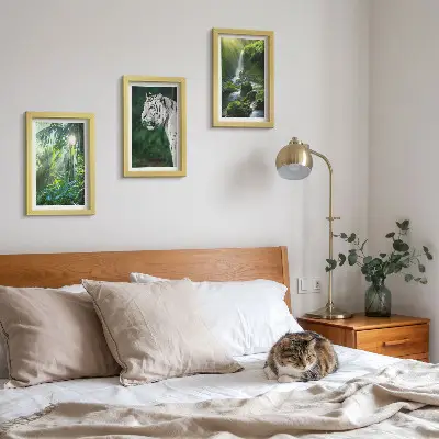 Set van ingelijste schilderijen met een jungle met een witte tijger en een wilde waterval