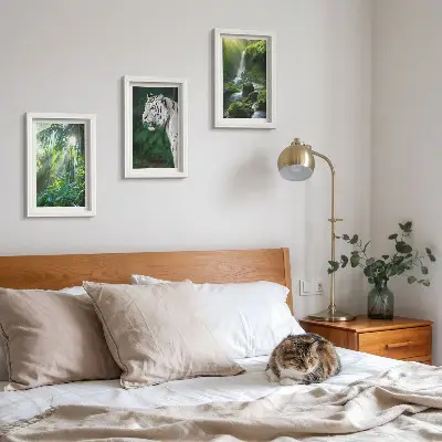 Set van ingelijste schilderijen met een jungle met een witte tijger en een wilde waterval