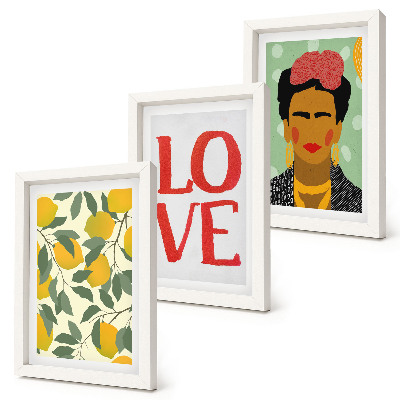 Set van ingelijste schilderijen Citroenen met de inscriptie LOVE, een geschilderd portret van Frida Kahlo.