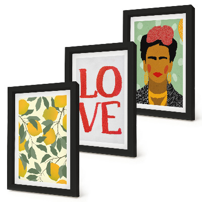 Set van ingelijste schilderijen Citroenen met de inscriptie LOVE, een geschilderd portret van Frida Kahlo.