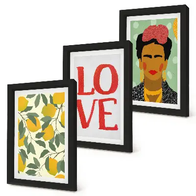 Set van ingelijste schilderijen met citroenen en de inscriptie LOVE en een geschilderd portret van Frida Kahlo