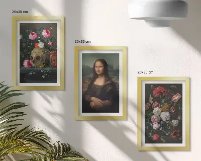 Gallery wall met vintage bloemen, schedel en Mona Lisa-portret van Leonardo da Vinci
